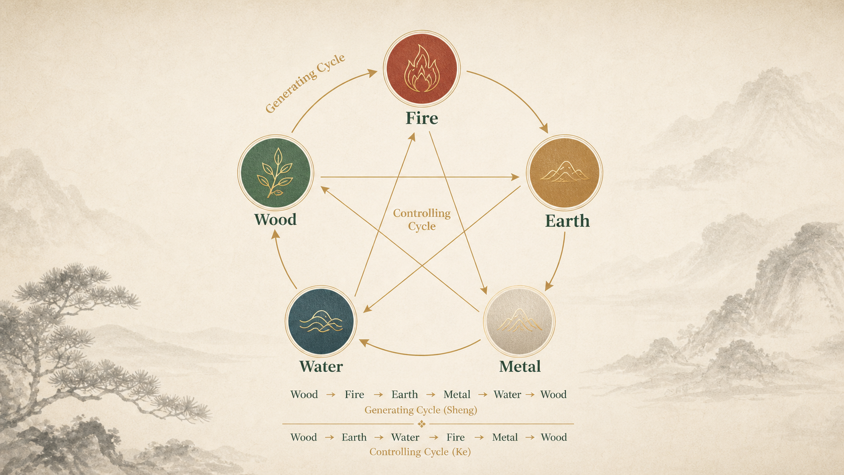 Five Elements generating and controlling cycle diagram