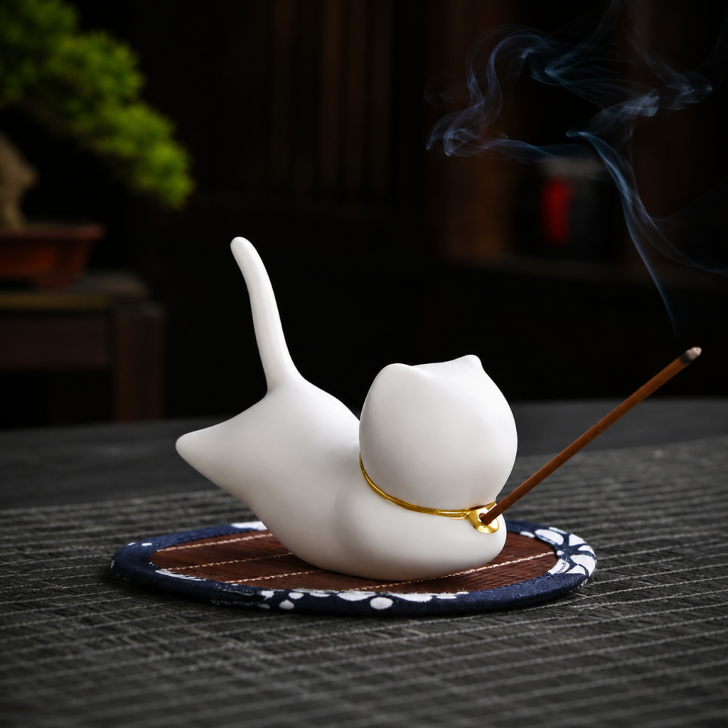 Praying Cat Incense Holder detail image - incense burner by Serene Orient