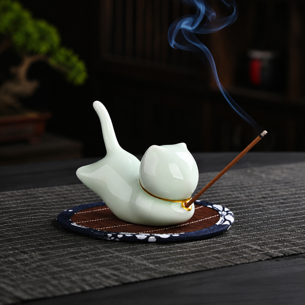 Praying Cat Incense Holder detail image - incense burner by Serene Orient