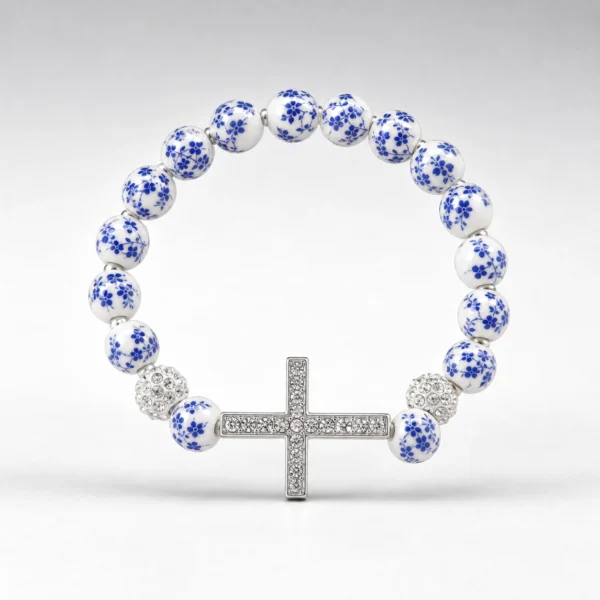 Blue and White Ceramic Cross Bracelet